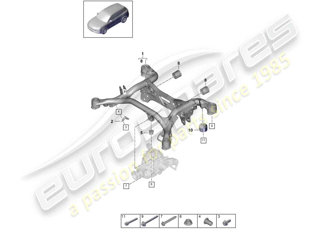 porsche 2022 (cayenne e3 9ya/9yb) support frame suspension sub-frame part diagram