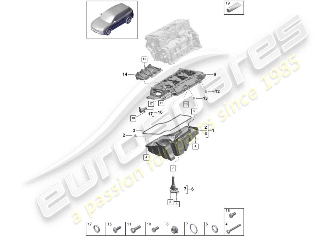 porsche 2022 (cayenne e3 9ya/9yb) oil-conducting housing oil sump parts diagram