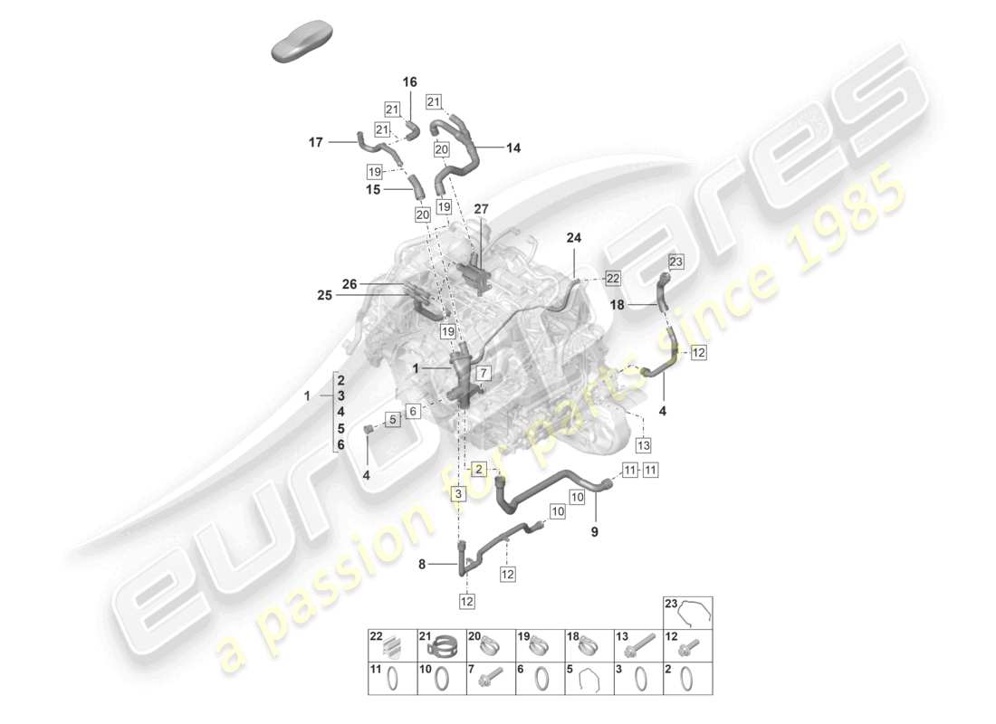 porsche 2024 (992-1) coolant cooling system distributor for coolant engine part diagram