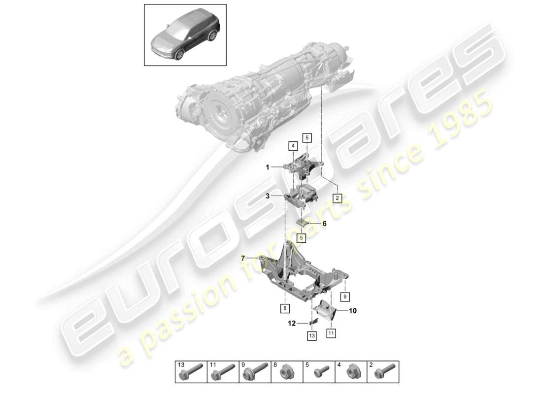 porsche 2022 (cayenne e3 9ya/9yb) gearbox mounting transmission carrier parts diagram