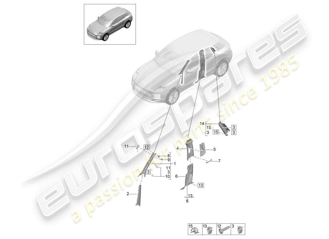 porsche 2023 (macan) a-pillar trim upper b-pillar trim c-pillar trim part diagram