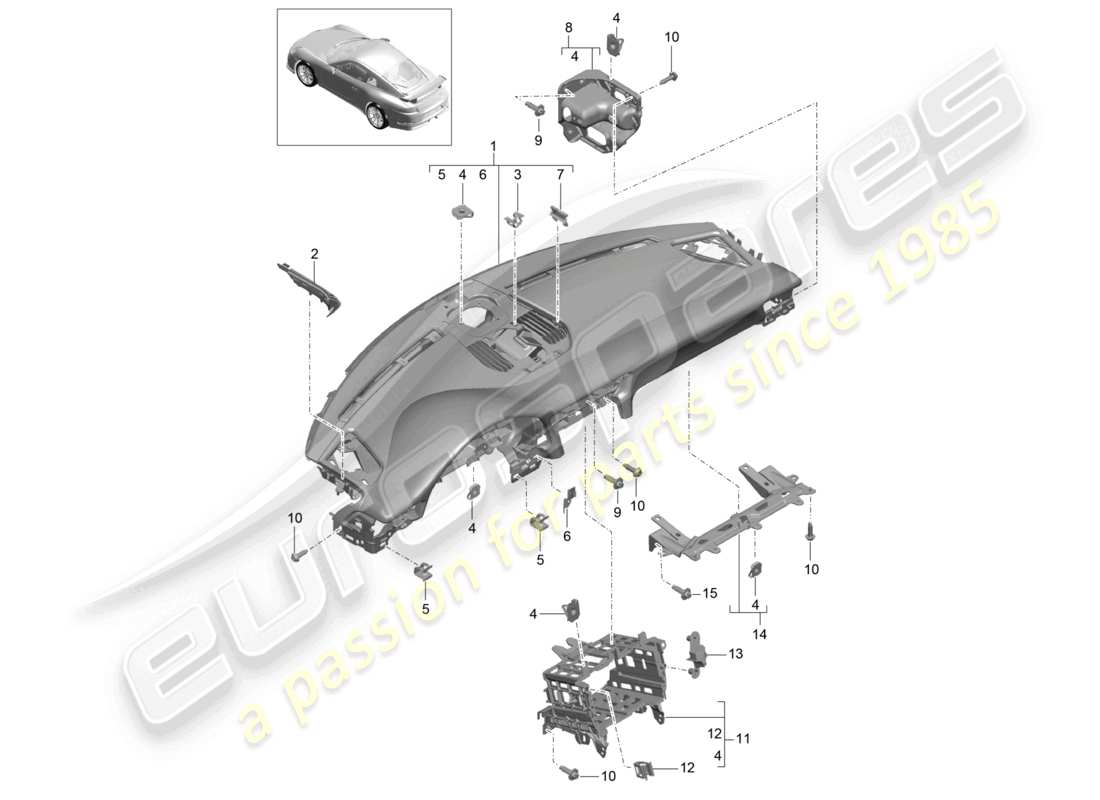 porsche 2021 (991-2 r/gt3/rs) instrument panel trim upper part included fasteners part diagram