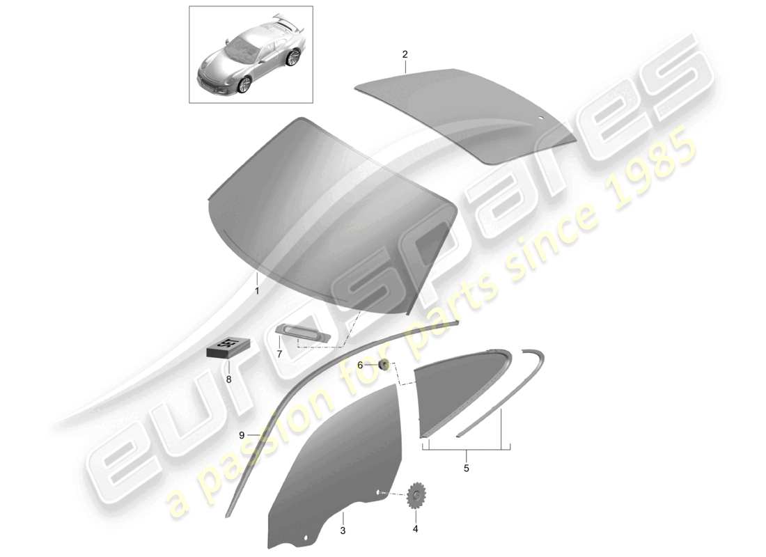 porsche 2021 (991-2 r/gt3/rs) window glasses d >>- mj 2016 part diagram