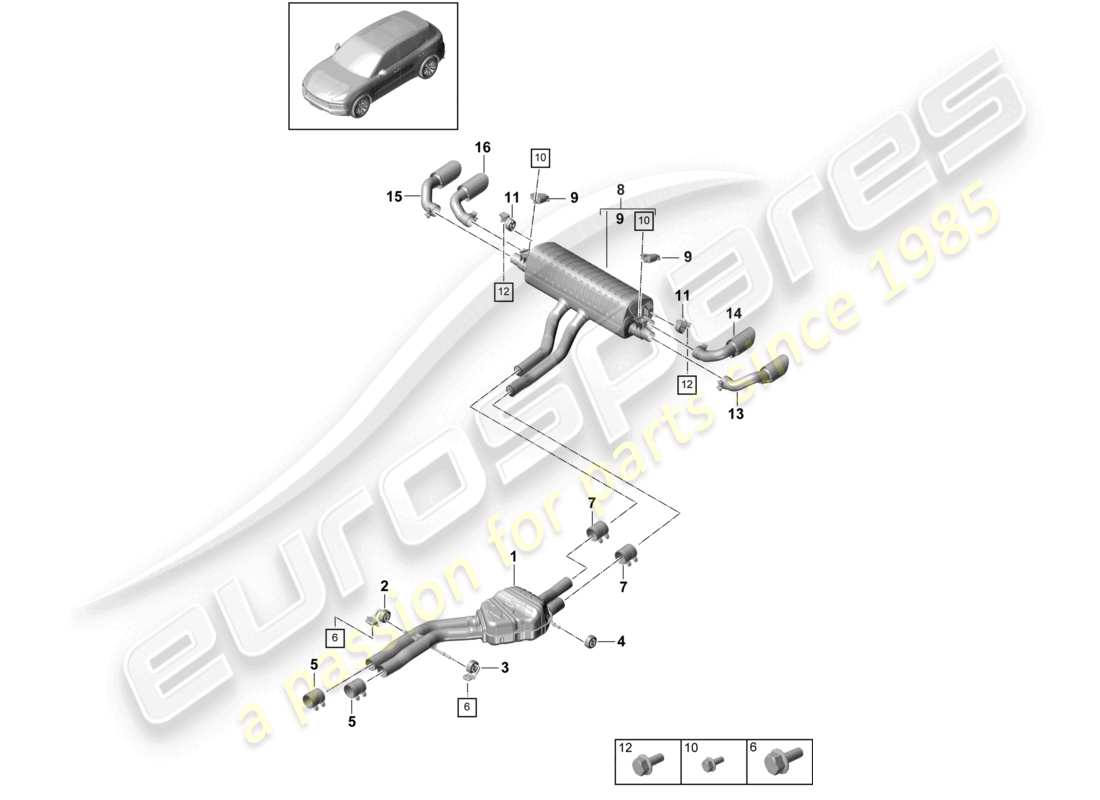 porsche 2023 (cayenne e3 9ya/9yb) exhaust system sport version front silencer rear silencer tailpipe part diagram