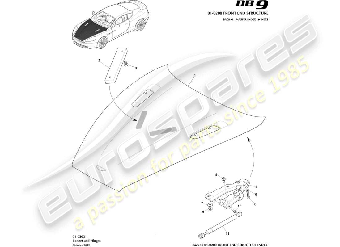 aston martin db9 (2017) bonnet and hinges part diagram