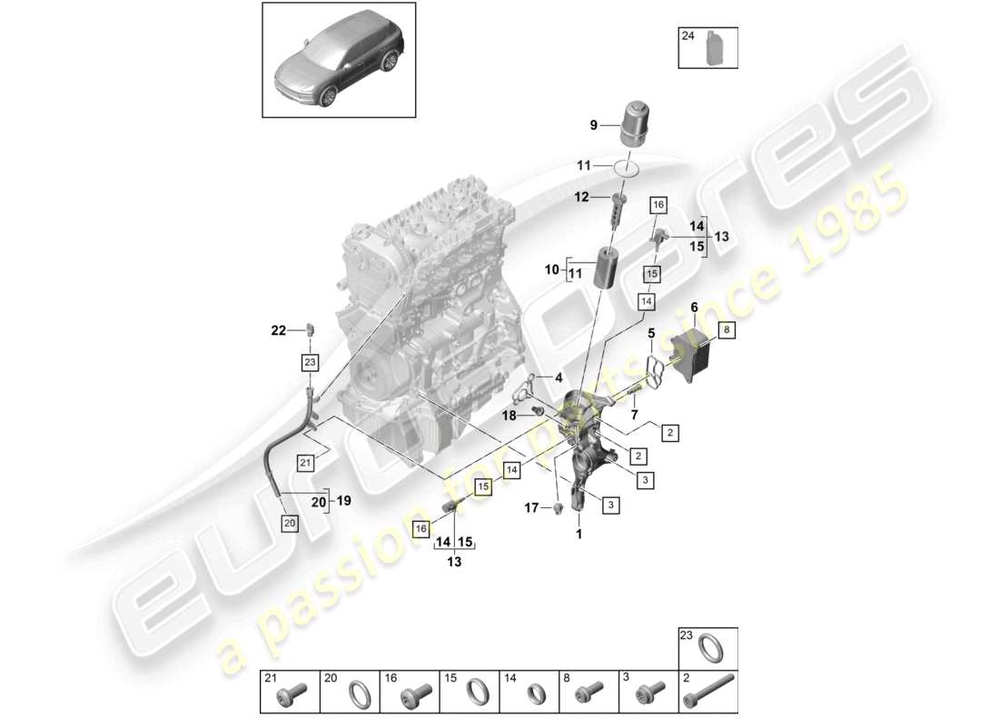porsche 2024 (cayenne e3 9ya/9yb) oil filter console oil cooler part diagram