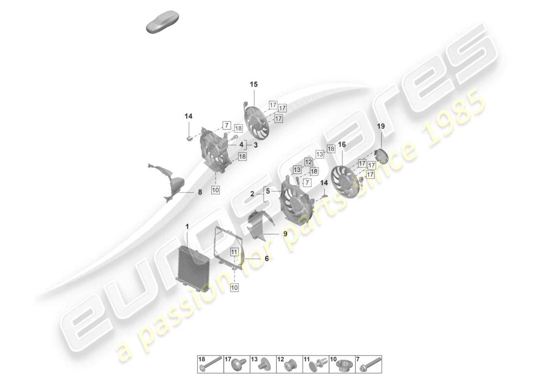 porsche 2021 (taycan 9j1-1) coolant radiator with radiator fan part diagram