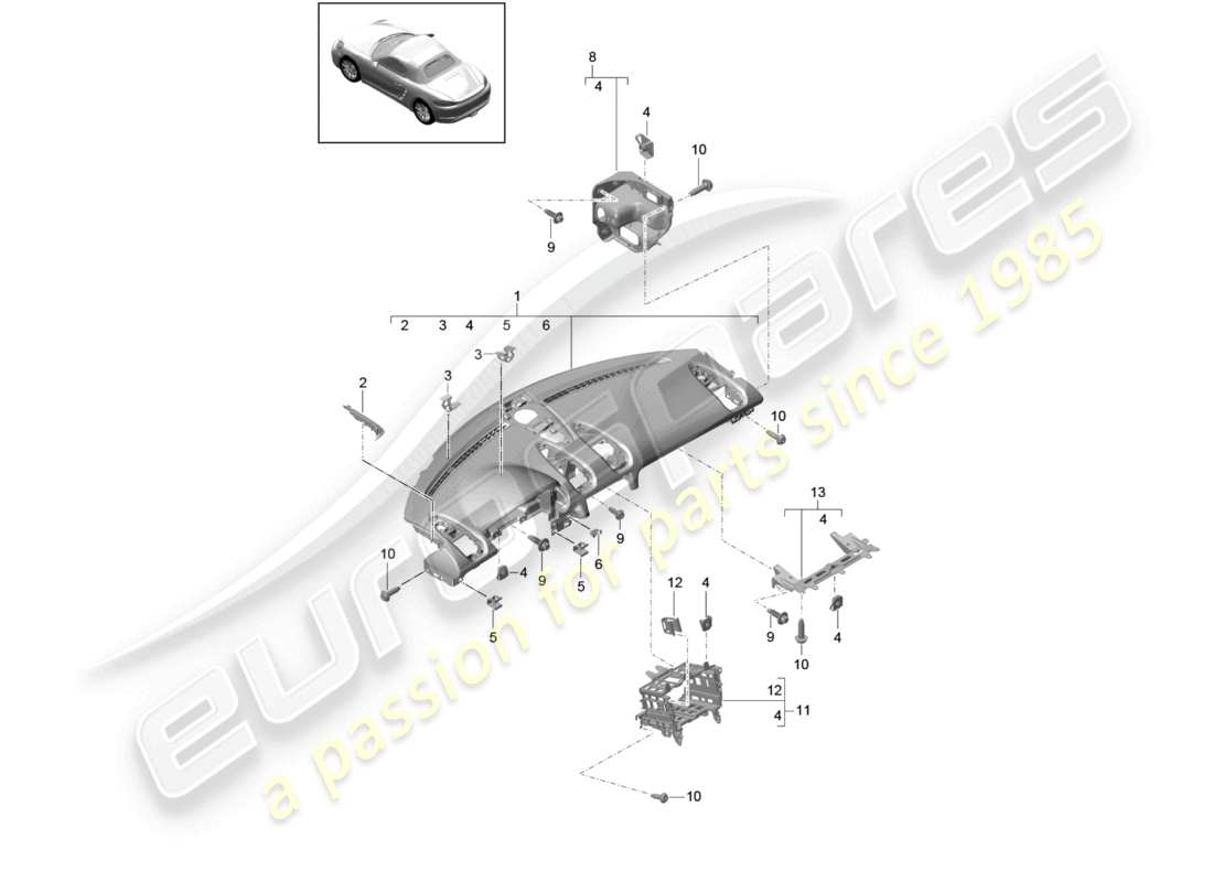porsche 2021 (718 boxster) instrument panel trim upper part with: fasteners part diagram