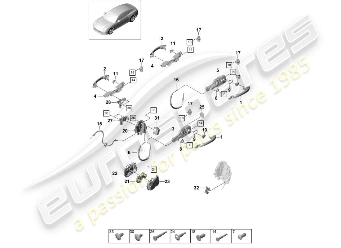 porsche 2021 (panamera 971-1) door handle, exterior front and rear door lock part diagram