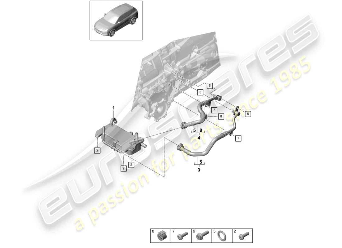 porsche 2023 (cayenne e3 9ya/9yb) 8-speed automatic gearbox for four-wheel drive gear oil cooler oil pipe part diagram
