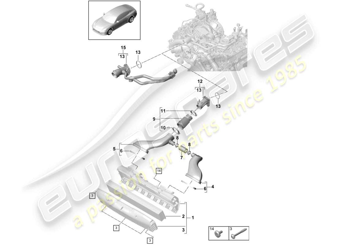 porsche 2021 (panamera 971-1) air filter with connecting parts intake hose part diagram