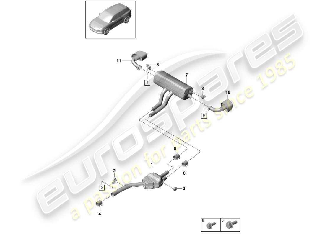 porsche 2023 (cayenne e3 9ya/9yb) exhaust system front silencer rear silencer tailpipe part diagram