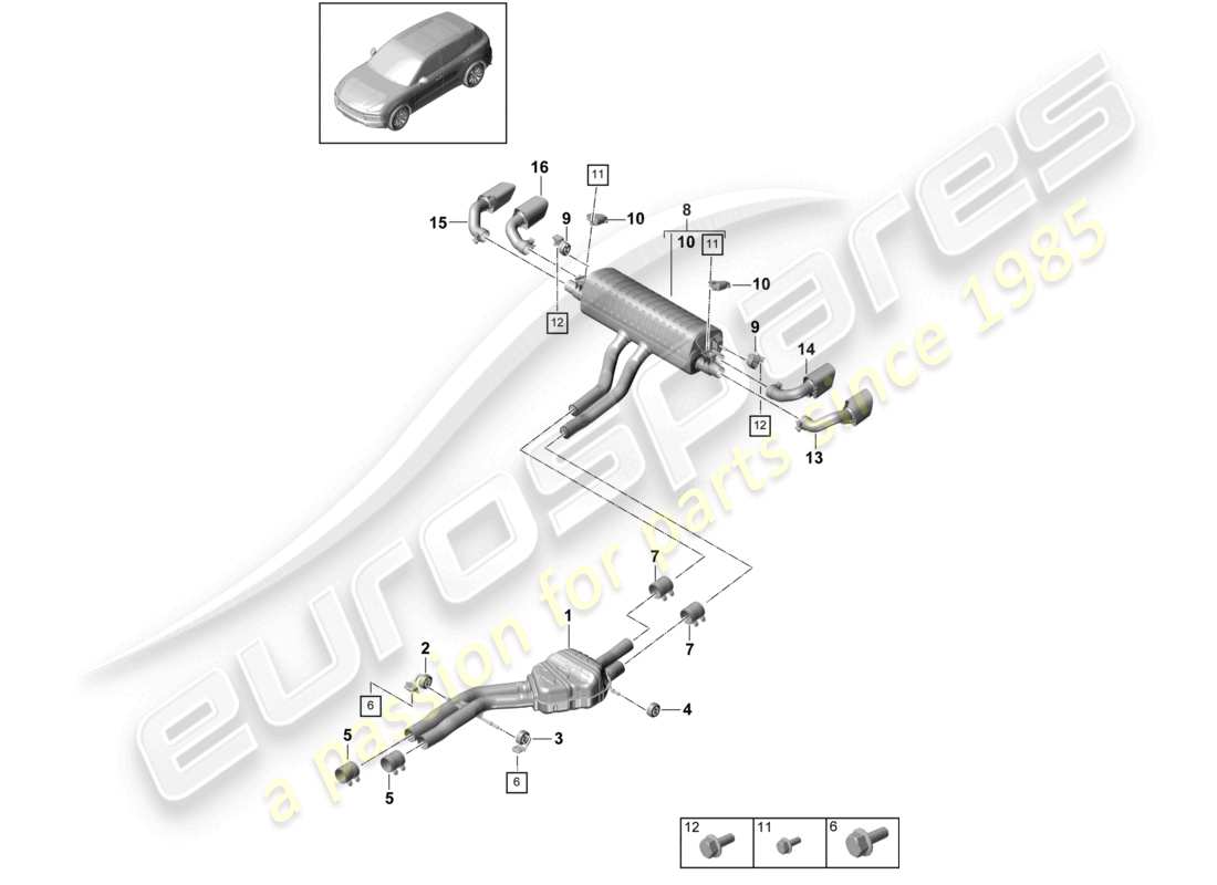 porsche 2023 (cayenne e3 9ya/9yb) exhaust system front silencer rear silencer tailpipe part diagram