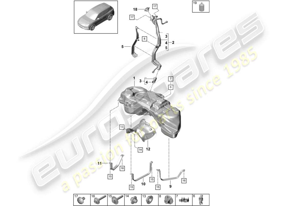 porsche 2023 (cayenne e3 9ya/9yb) fuel tank with attachments parts diagram