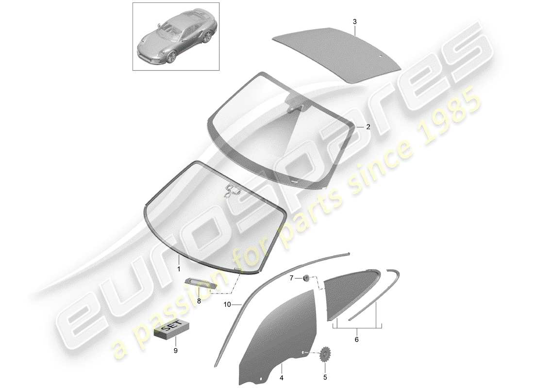 porsche 2018 (991-2 turbo) windshield glass part diagram