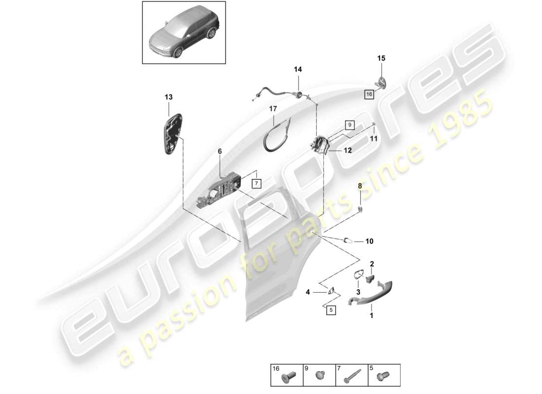 porsche 2022 (cayenne e3 9ya/9yb) door handle, exterior rear door lock part diagram