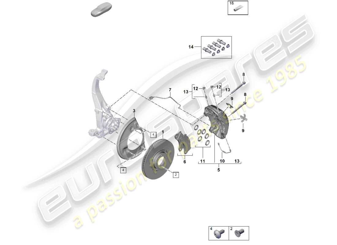 porsche 2022 (taycan 9j1-1) disc brake 19 front axle yellow/black part diagram