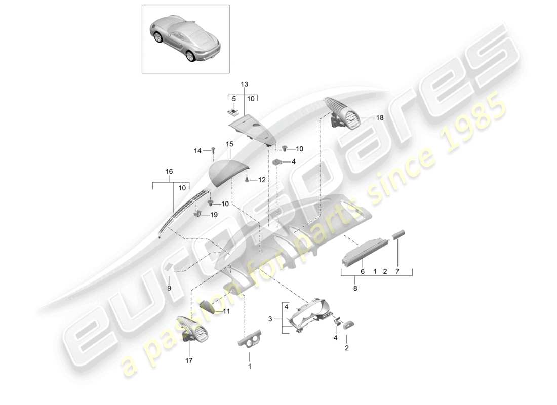 porsche 2021 (718 cayman) accessories instrument panel trim upper part part diagram