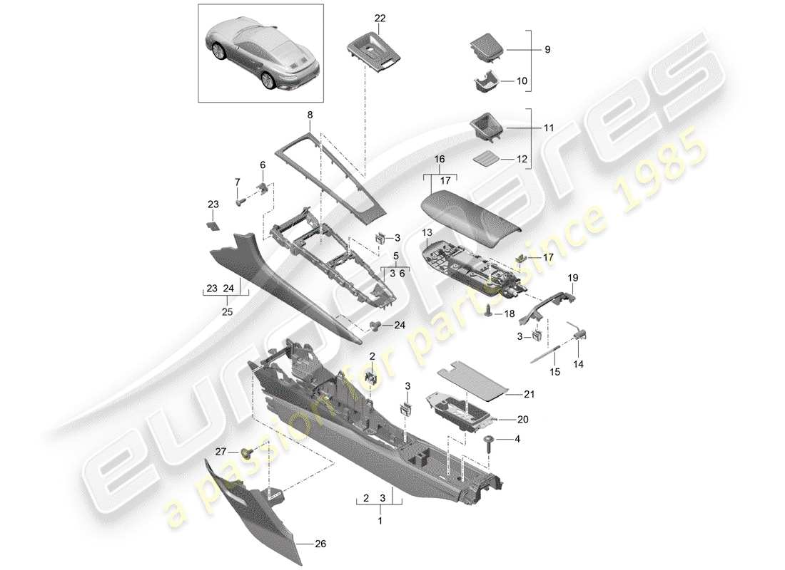 porsche 991 turbo (2018) center console parts diagram
