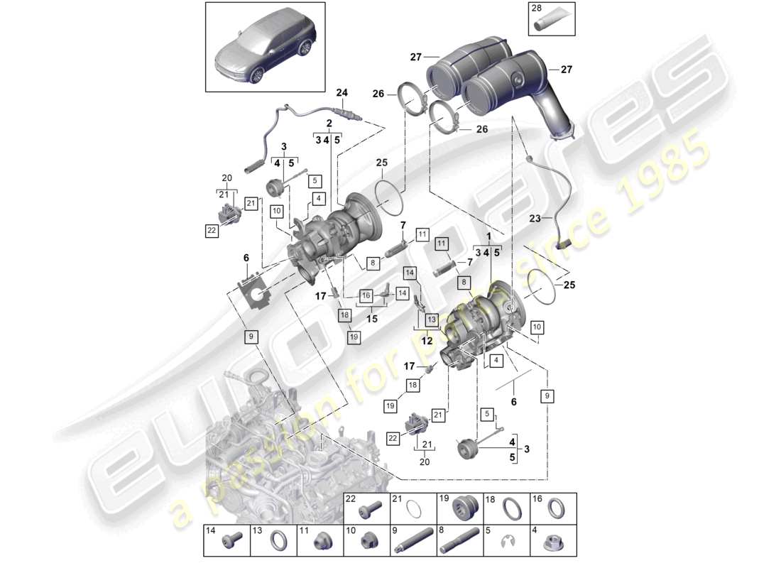 porsche 2024 (cayenne e3 9ya/9yb) exhaust gas turbocharger exhaust manifolds lambda probe part diagram