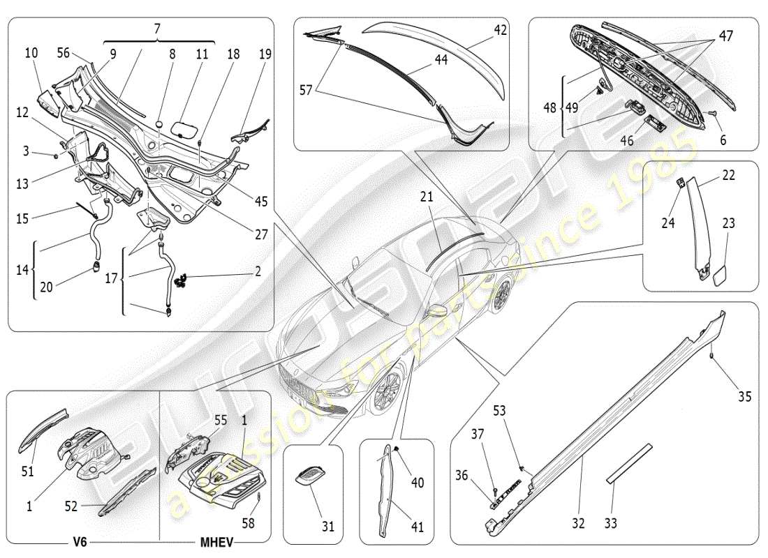 maserati ghibli (2019) shields, trims and covering panels part diagram