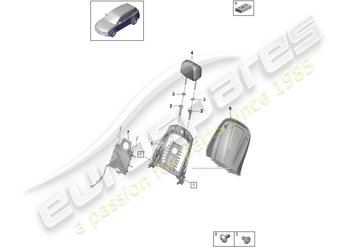 porsche 2021 (cayenne e3 9ya/9yb) backrest frame backrest shell comfort seat part diagram