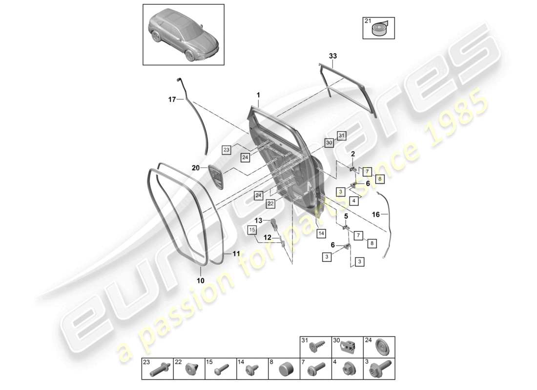 porsche 2021 (cayenne e3 9ya/9yb) door shell rear gaskets part diagram