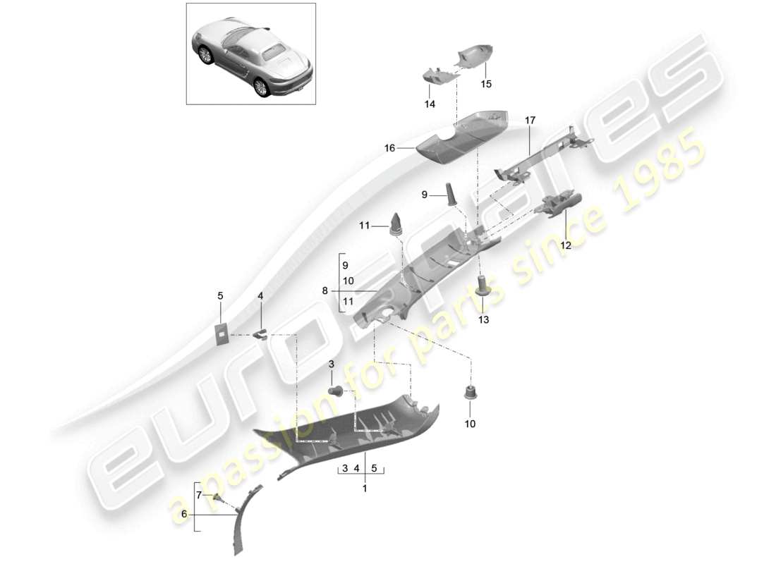 porsche 2021 (718 boxster) a-pillar windshield frame part diagram