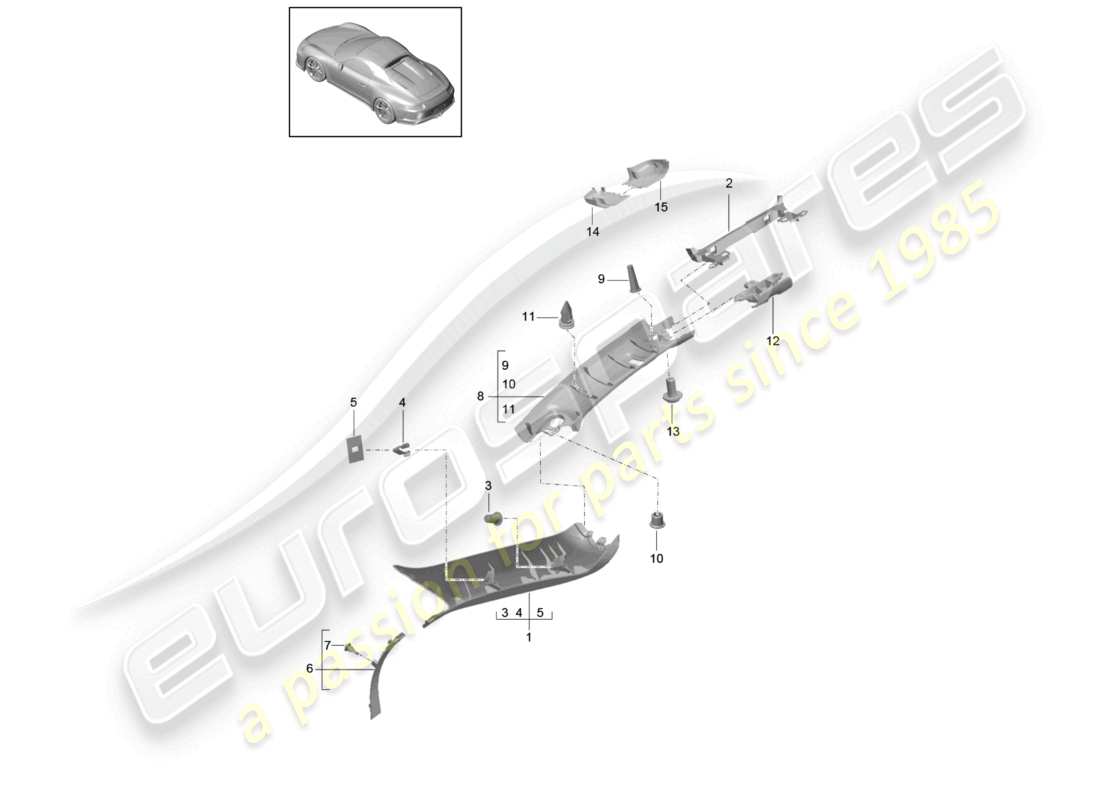 porsche 2021 (991-2 r/gt3/rs) a-pillar trim part diagram