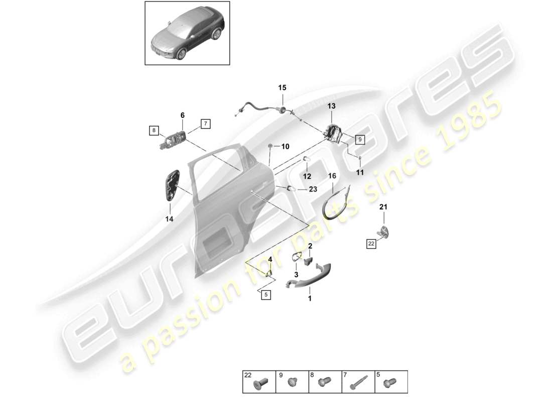 porsche 2021 (cayenne e3 9ya/9yb) door handle, exterior rear door lock coupe part diagram