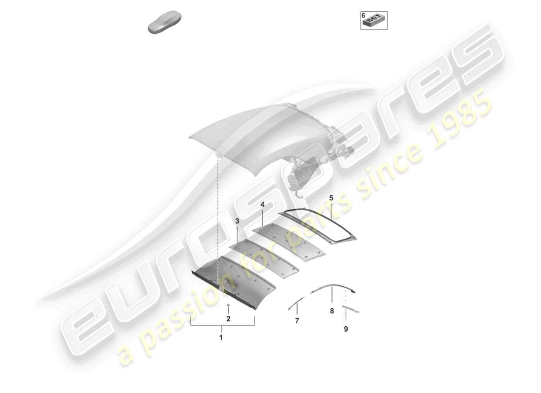 porsche 2022 (992-1) soft top headliner trims part diagram