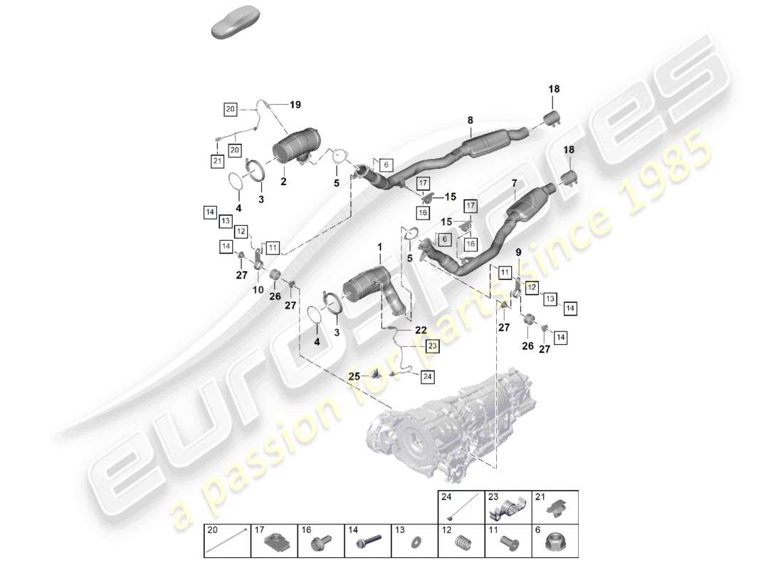 porsche 2026 (cayenne e3 pa) exhaust system exhaust pipe with catalyst exhaust pipe w. front silencer lambda probe part diagram