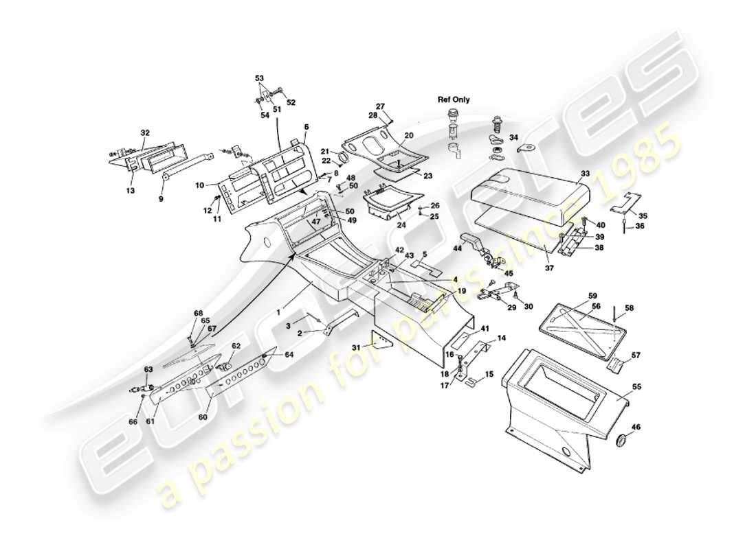 aston martin v8 coupe (1999) centre console & trim part diagram