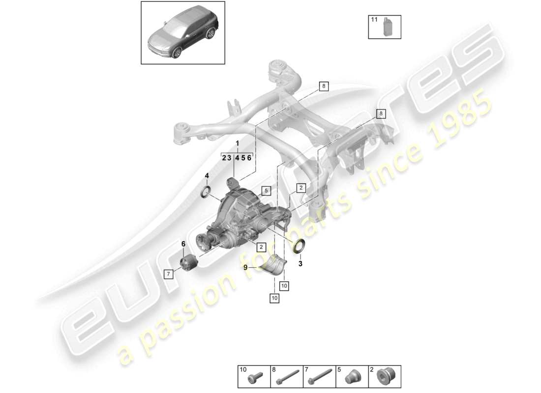 porsche 2023 (cayenne e3 9ya/9yb) rear axle differential for models with no differen- tial lock part diagram