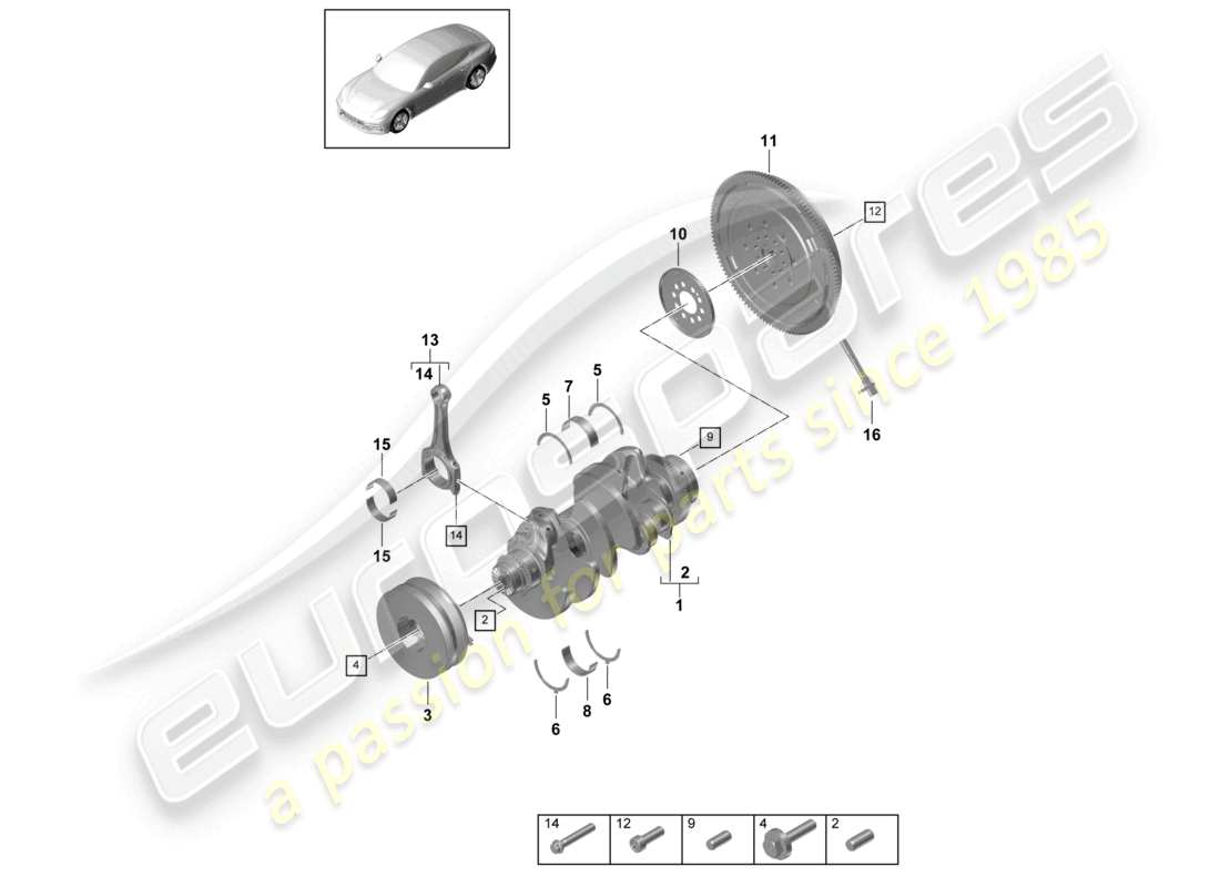 porsche 2021 (panamera 971-1) crankshaft conrod dual-mass flywheel parts diagram