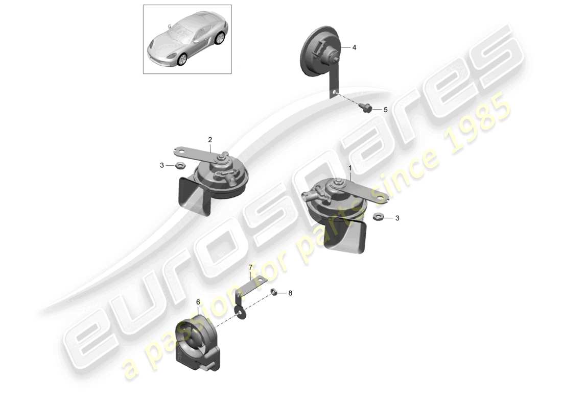 porsche 2022 (718 cayman) fanfare signal horn alarm system part diagram