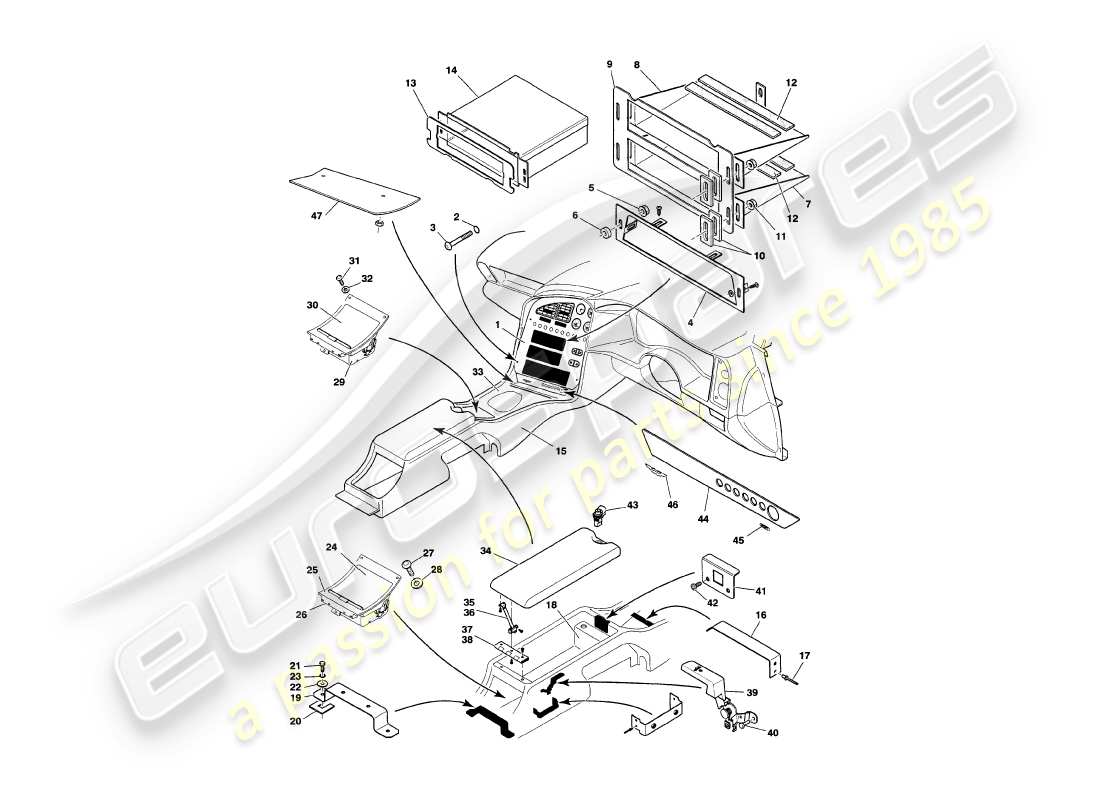 aston martin v8 volante (1997) centre console & trim part diagram