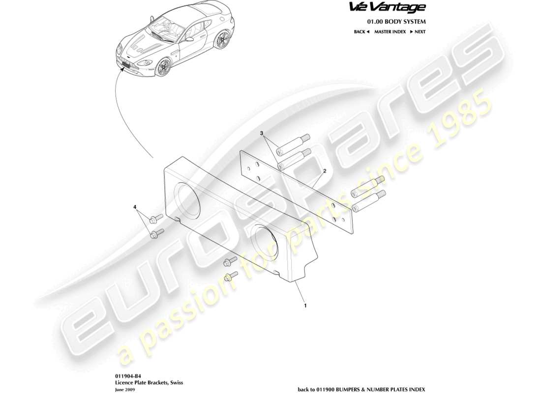 aston martin v12 vantage (2011) license plate brackets, swiss part diagram