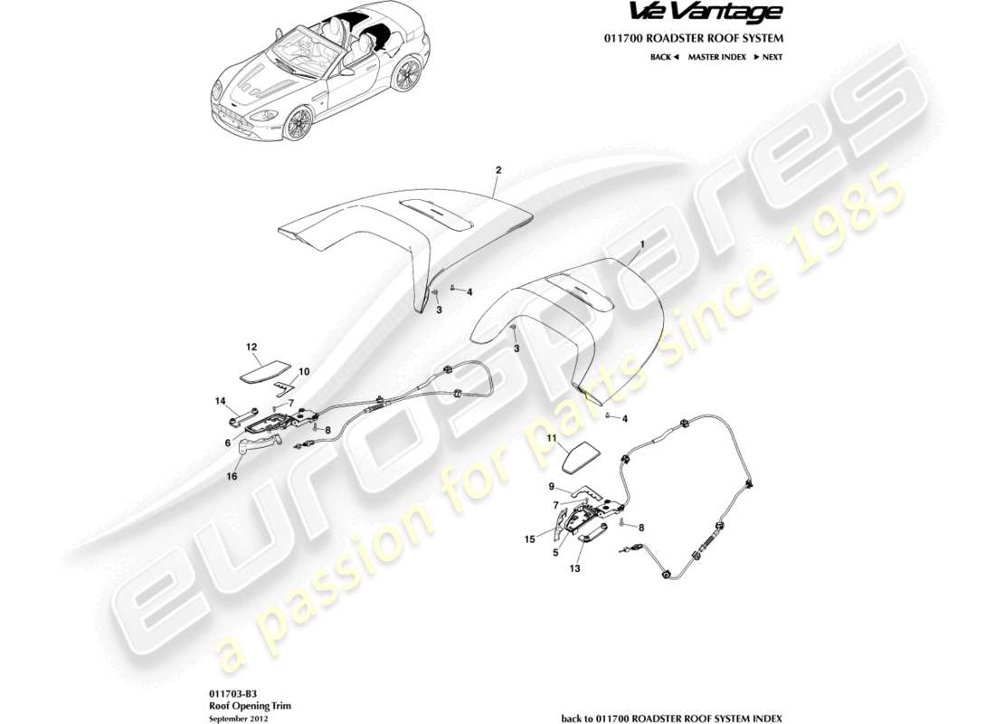 aston martin v12 vantage (2010) roof opening trim part diagram