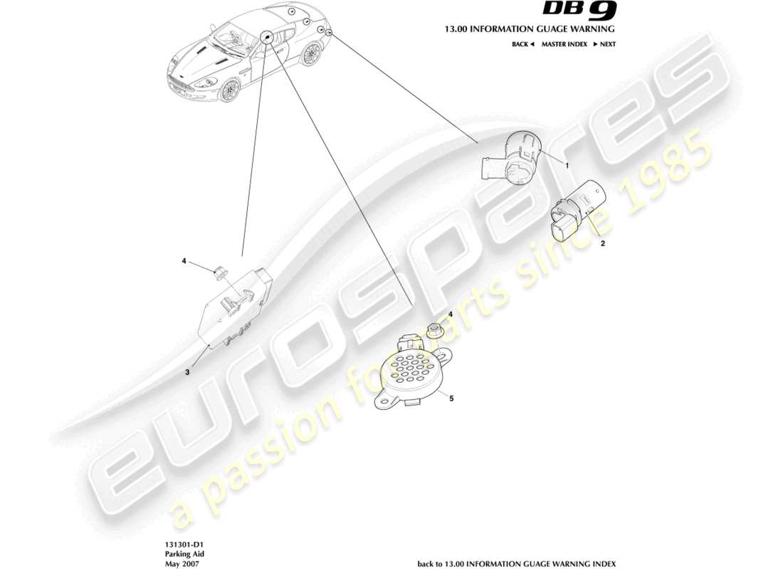 aston martin db9 (2004) parking aid sensors parts diagram