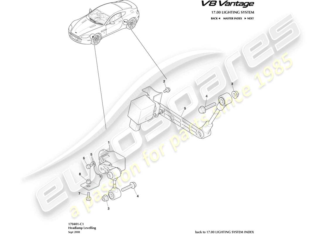 aston martin v8 vantage (2014) headlamp leveling part diagram