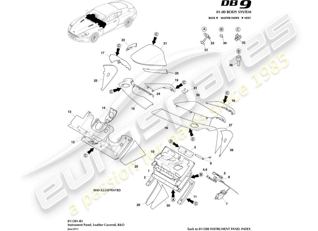 aston martin db9 (2011) instrument panel, leather, b&o part diagram