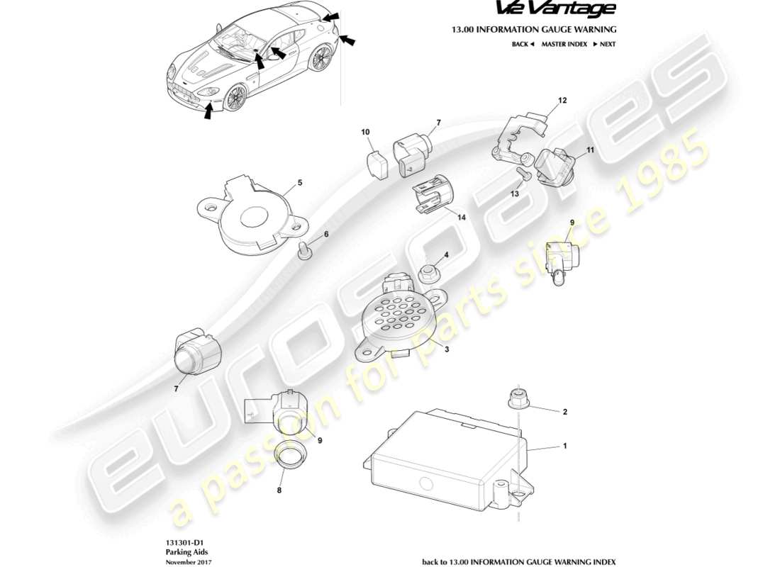 aston martin v12 vantage (2013) parking aid sensors part diagram