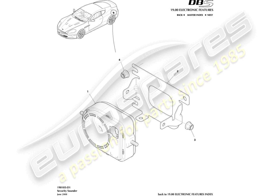 aston martin dbs (2007) security sounder part diagram