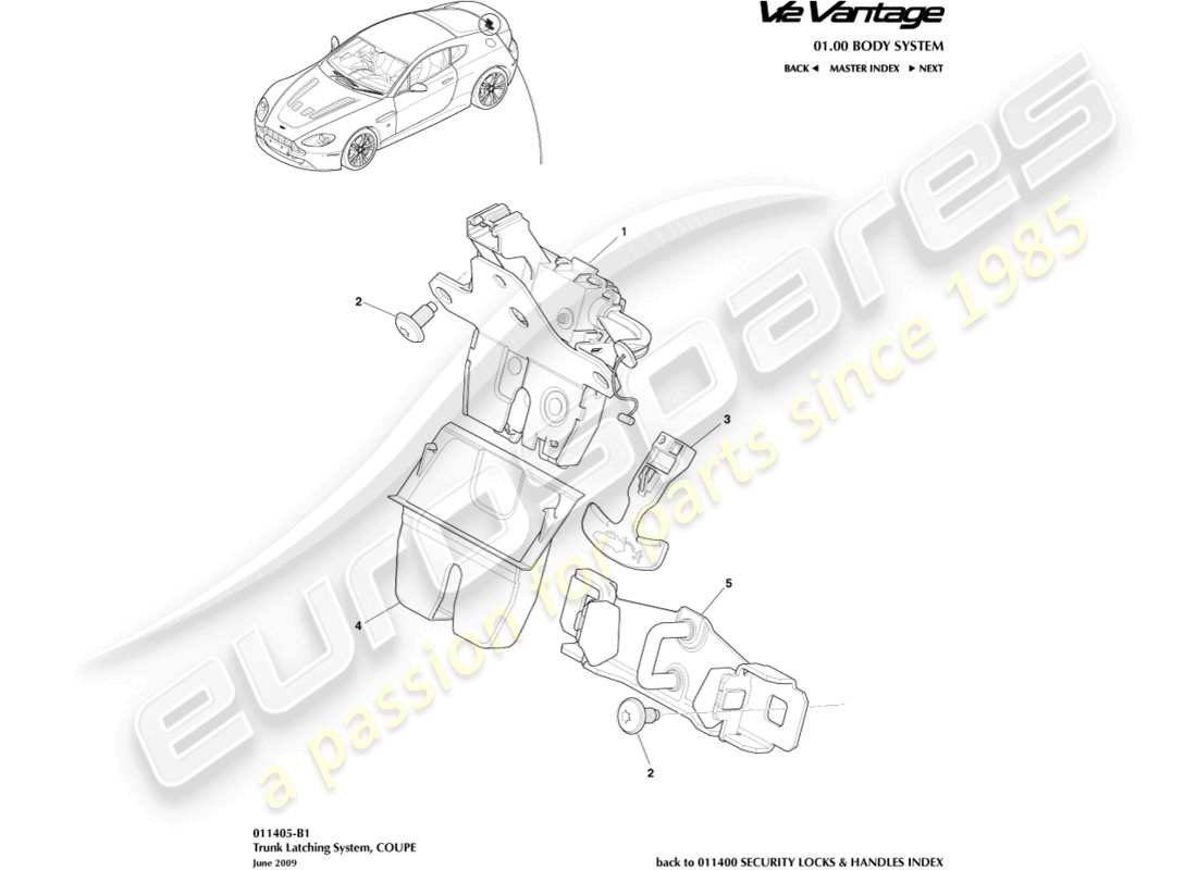 aston martin v12 vantage (2013) trunk latch system, coupe part diagram