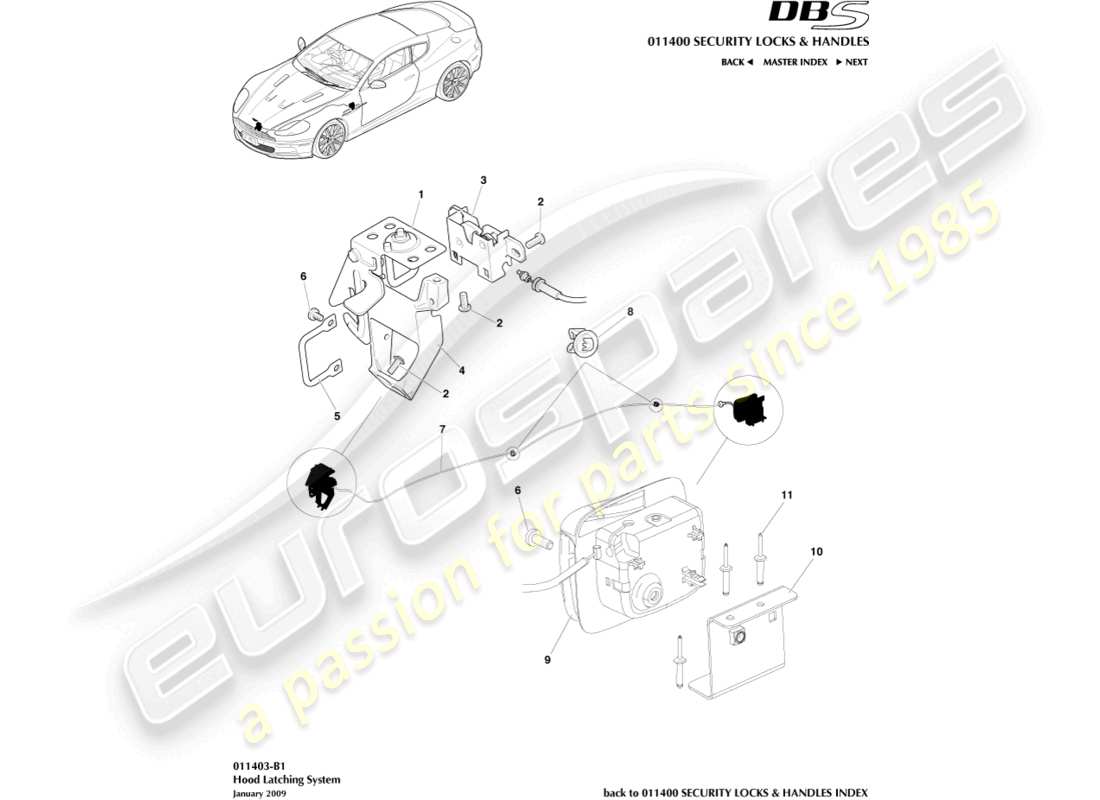 aston martin dbs (2007) hood latch system part diagram