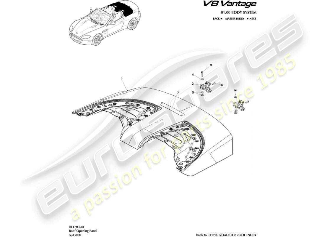 aston martin vantage gt8 (2017) roof opening panel part diagram