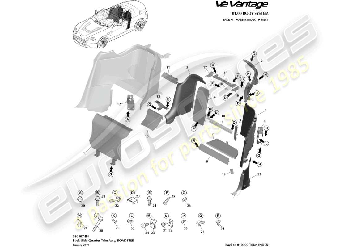 aston martin v12 vantage (2011) body side quarter trim, roadster part diagram