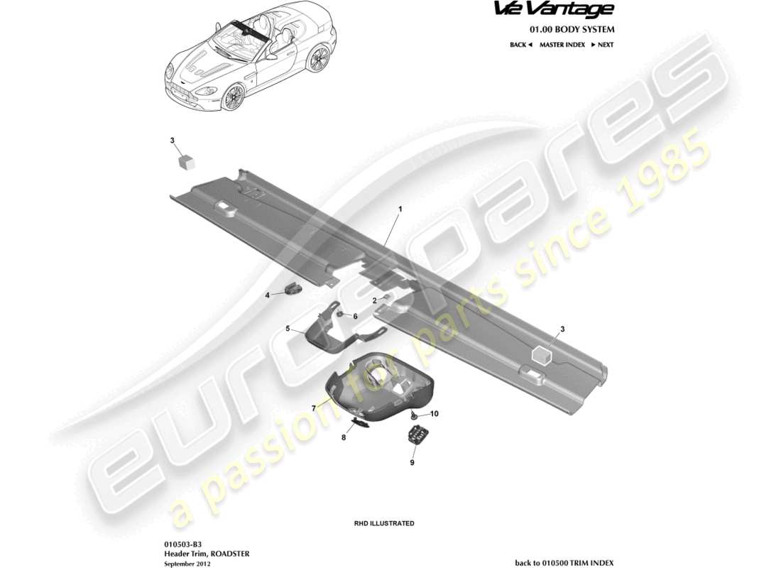 aston martin v12 vantage (2013) header trim, roadster part diagram