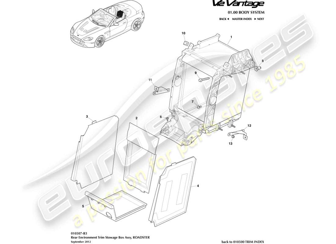 aston martin v12 vantage (2010) rear environment trim, roadster part diagram